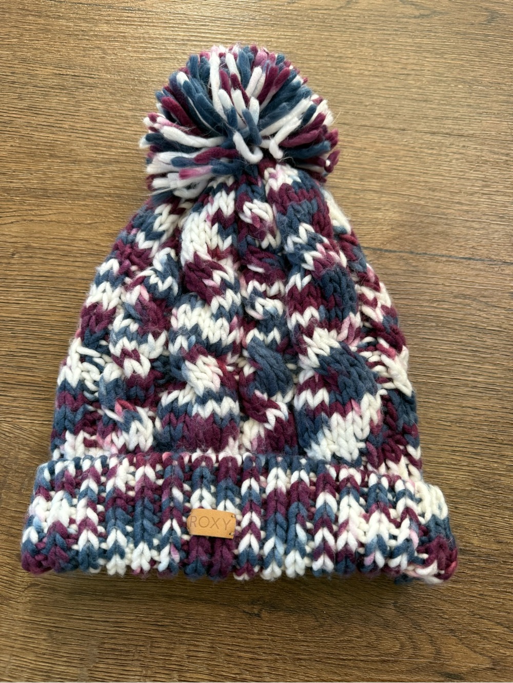 Roxy Pom-Pom Knit Beanie - Burgundy, Navy & White